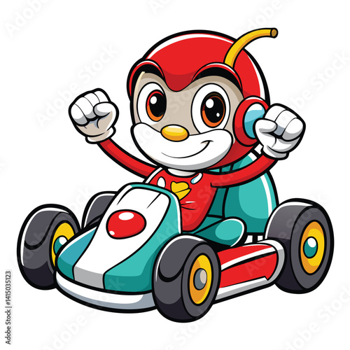 Cartoon character in go-kart, triumphant pose