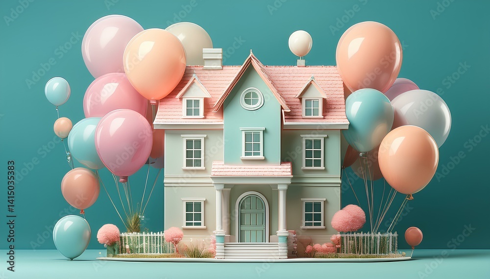 3d rendered of toy house with balloons on green background 3d rendered of toy house with balloons on green background