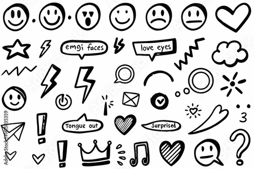 Doodle Emoji Set – Hand-Drawn Black & White Sketch SVG Icons

