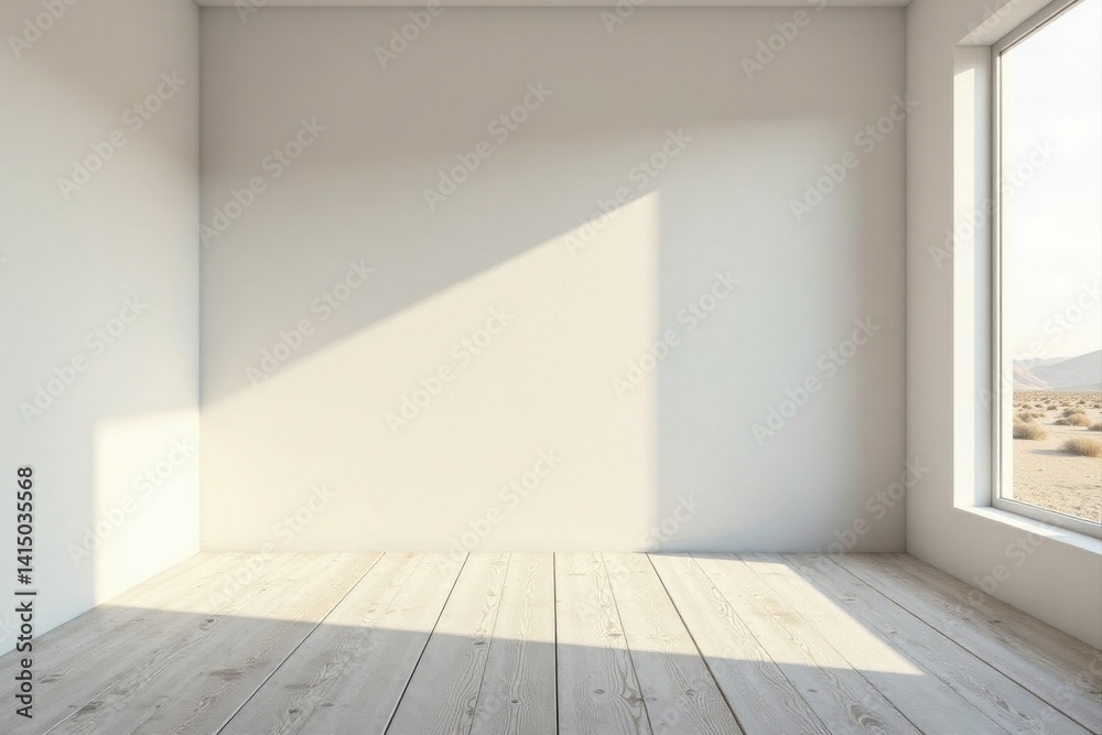 Sunlit Empty Room with Light Wooden Floor and Desert View Sunlit Empty Room with Light Wooden Floor and Desert View