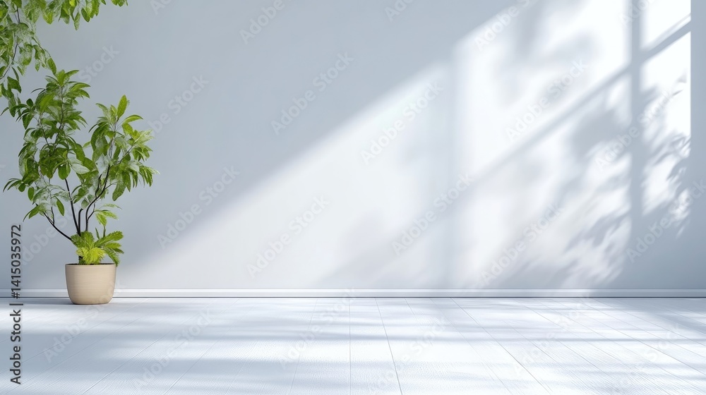 Fototapeta premium Empty room, sunlit, minimalist, bright, modern. Sunlight casts shadows on clean white walls and floor. Living space features a small potted plant