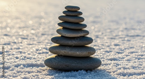 Balanced Stones on Snowy Ground - A stack of grey stones balanced on snow, symbolizing peace, tranquility, and stability. Perfect for meditation, spa, or nature themes