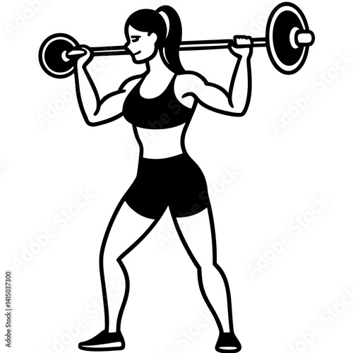 Line art vector silhouette of a woman person doing a barbell curl, with a barbell held in front, arms bent