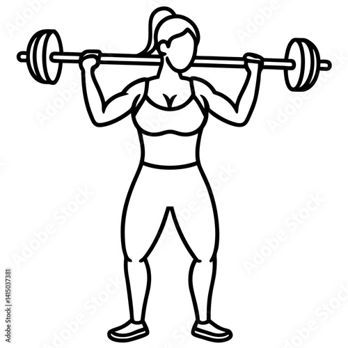 Line art vector silhouette of a woman person doing a barbell curl, with a barbell held in front, arms bent