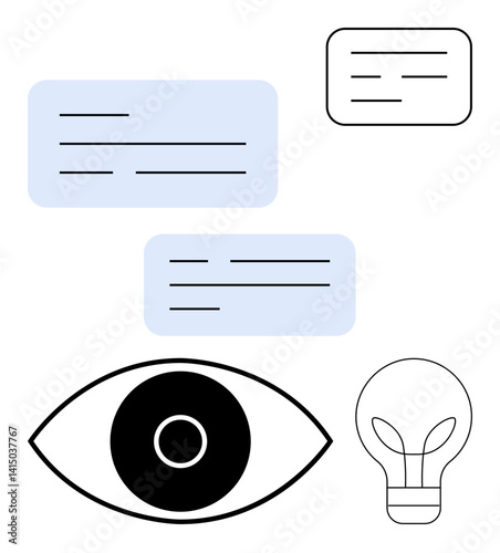 Eye symbol with three speech bubbles and lightbulb concept emphasizing ideas, communication, knowledge sharing, imagination, creativity, inspiration, brainstorming, and simple landing page
