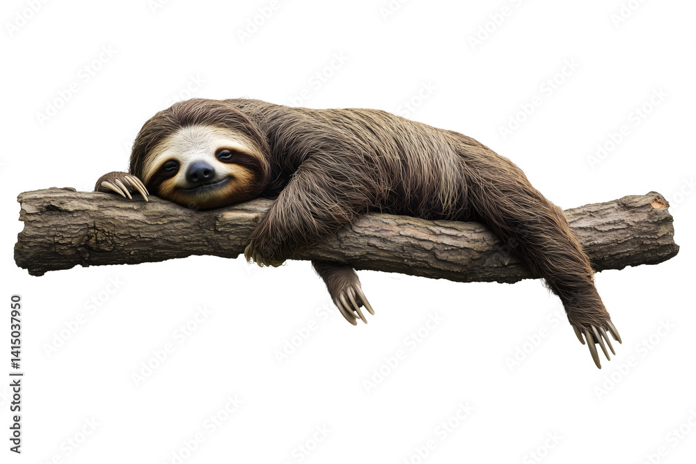Fototapeta premium Relaxed Sloth Hanging on a Tree Branch with Shaggy Fur on Transparent Background