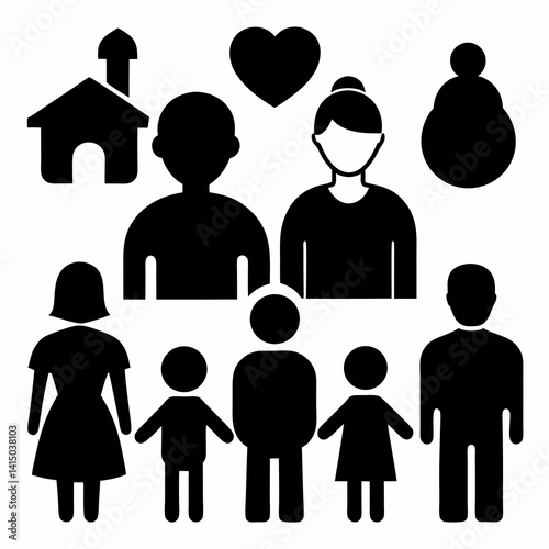 A set of black silhouette icons representing various relationships and people in different poses