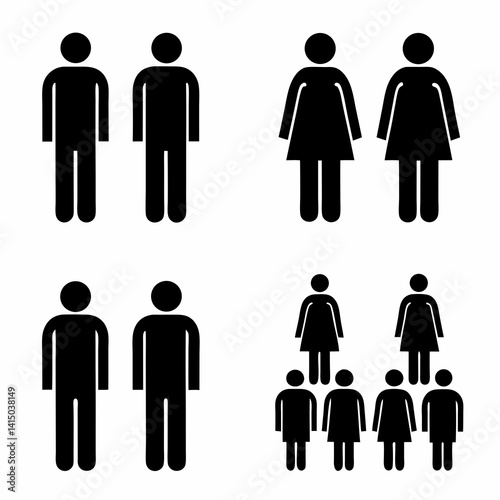 A set of black silhouette icons representing various relationships and people in different poses
