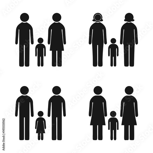 A set of black silhouette icons representing various relationships and people in different poses