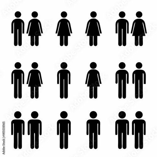 A set of black silhouette icons representing various relationships and people in different poses