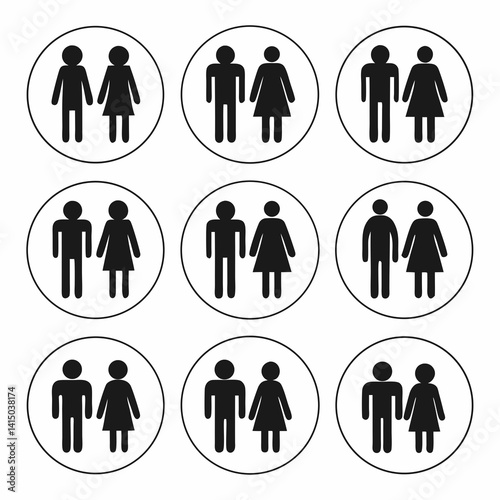 A set of black silhouette icons representing various relationships and people in different poses