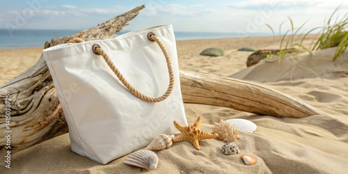 Simple natural beach bag and shells with driftwood on a sandy beach in the Baltic.