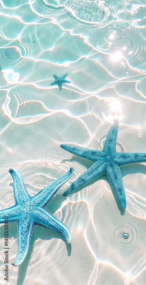 Starfish on a summer beach in azure sea water with sun glare. Bright background for the concept of summer holidays.
