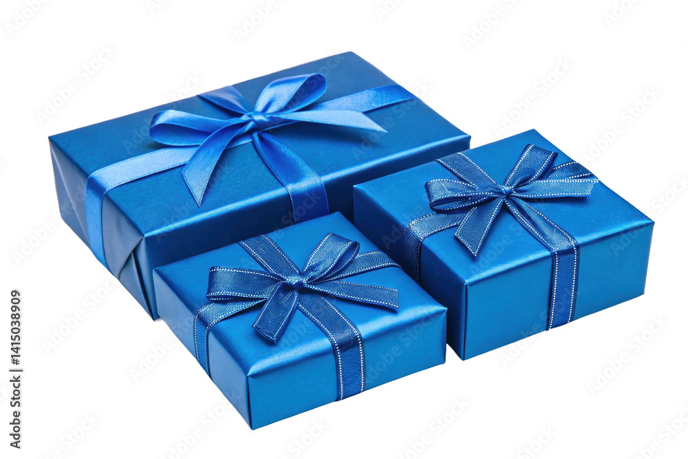 PNG Three elegant blue gift boxes with ribbons and bows PNG Three elegant blue gift boxes with ribbons and bows