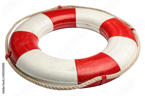 PNG Red and white lifebuoy with rope for water safety and rescue