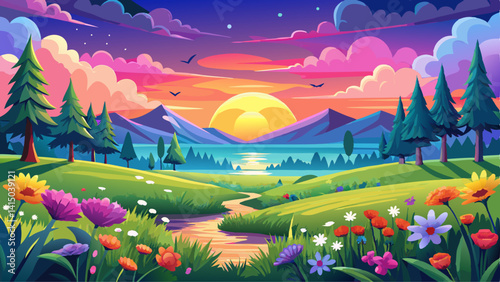 Colorful spring sunrise on meadow