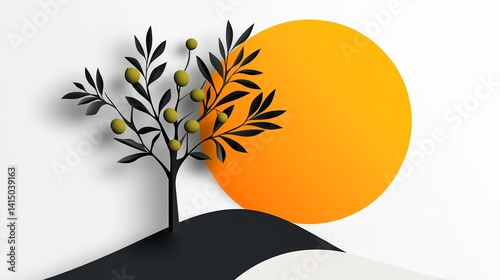 Olive tree stands against a vibrant orange circle representing the sun, placed on a stylized landscape with minimal design.
