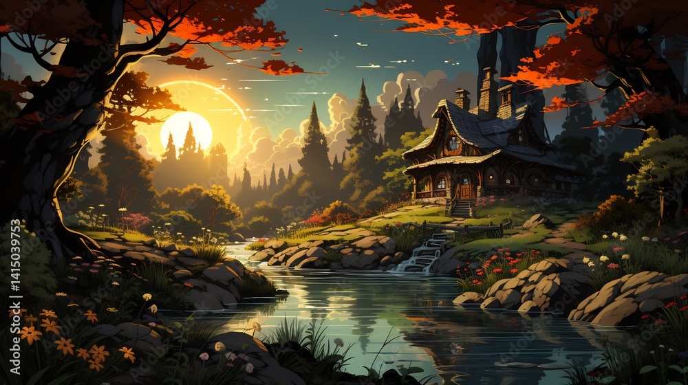 Obraz premium Enchanted Forest Cottage Sunset