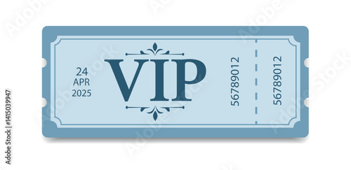 VIP pass ticket vector flat in vintage style, with tear-off line, simple style, blue color palette