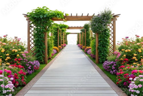 PNG Colorful garden pathway with floral trellises and lush foliage