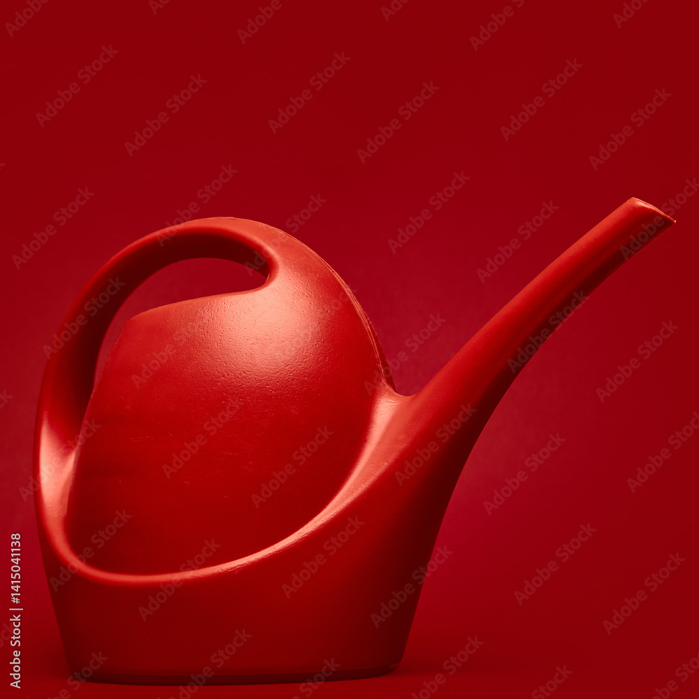 Vibrant red plastic watering can stands against monochromatic deep red background. Gardening supplies, cultivation, care, growth, eco ads, gardening blogs, product posters.