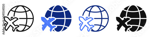 Vector icon or logo of airplane and globe related to air transport, travel and vacation, cargo industry. Symbol for website or app UI, logo design, illustration