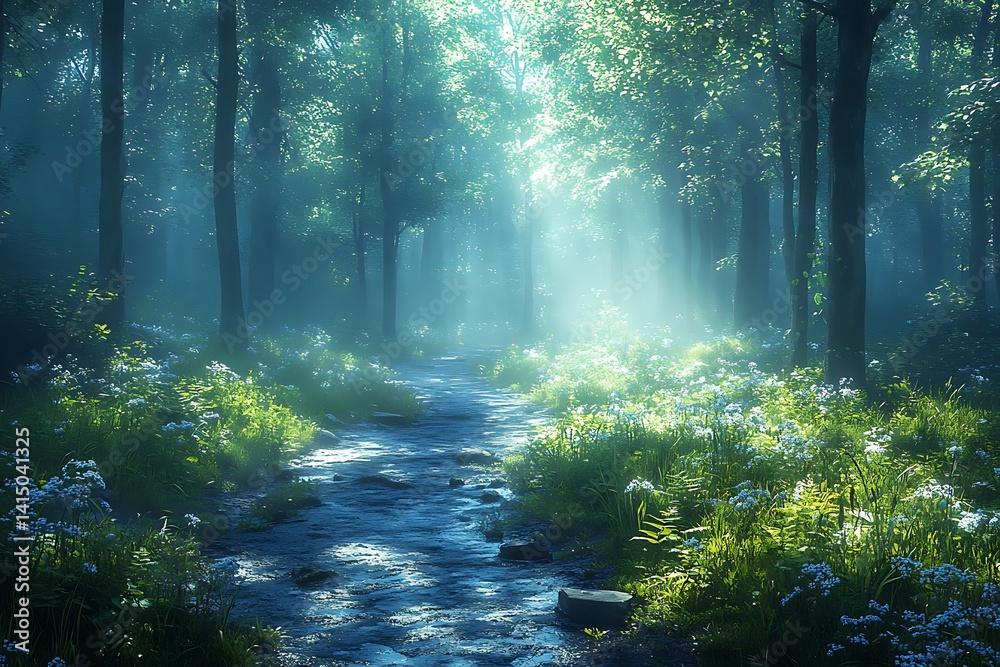 Fototapeta premium Misty forest path bathed in ethereal light.