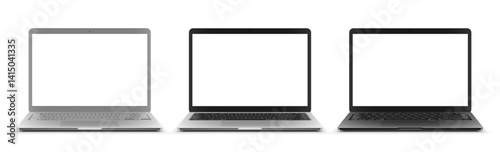 Vector illustration of three laptops with different color and blank empty white screen. Realistic mockup or template, isolated on white background