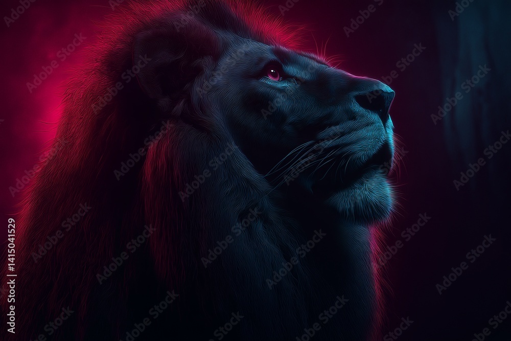 Naklejka premium Intense Portrait of a Lion in Dramatic Red and Blue Lighting
