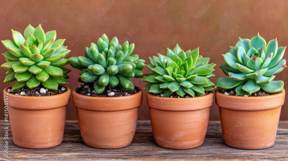 Fototapeta premium Assorted Green Succulents in Clay Pots on Wooden Surface
