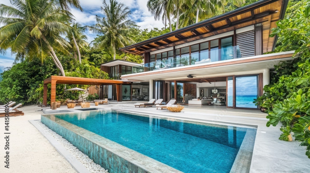 Fototapeta premium Luxury Beachfront Villa with Infinity Pool and Stunning Ocean Views