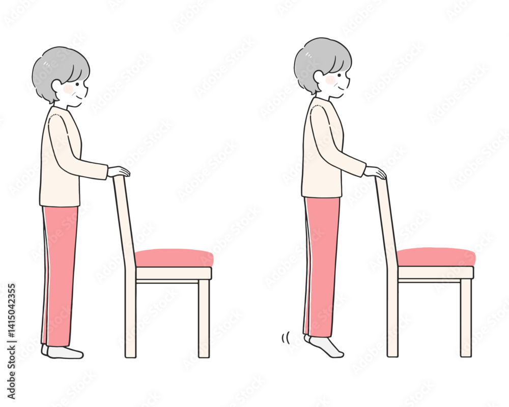 イスを使用し、かかと下ろし・かかと上げの運動をするシニア女性のイラスト イスを使用し、かかと下ろし・かかと上げの運動をするシニア女性のイラスト