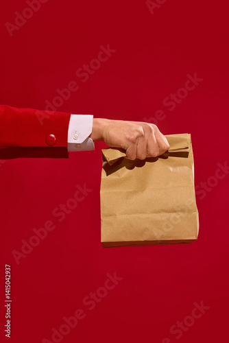 Obraz na płótnie Hand holding kraft paper bag against bold red background. Express delivery with eco-friendly packaging. Concept of courier, branding, takeaway. Food delivery, sustainable brand ads, express service w salonie