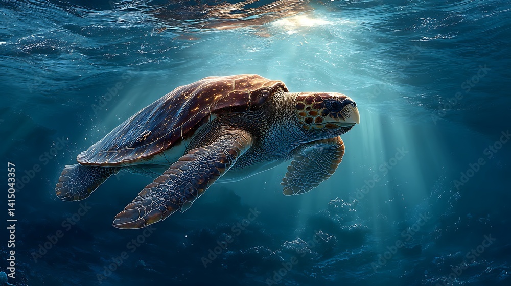 Fototapeta premium Sea turtle swims gracefully in sunlit ocean depths