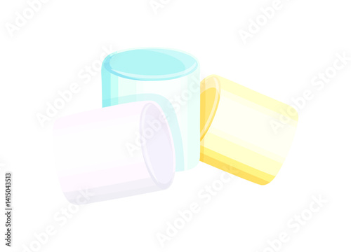 Soft marshmallows in cartoon style. Vector illustration of delicious fluffy marshmallows of blue, white, yellow colors isolated on white background.Marshmallow  for hot drinks,desserts.Confectionery. 