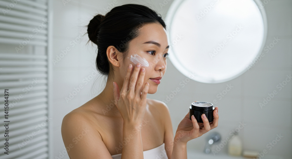 Radiant Skin Ritual: Asian Woman Applying Moisturizer in Bathroom | Skincare, Beauty, Routine Radiant Skin Ritual: Asian Woman Applying Moisturizer in Bathroom | Skincare, Beauty, Routine