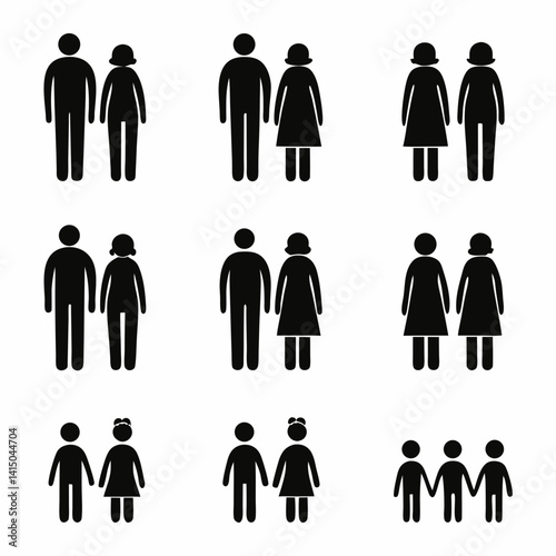 A set of black silhouette icons representing various family members in different poses