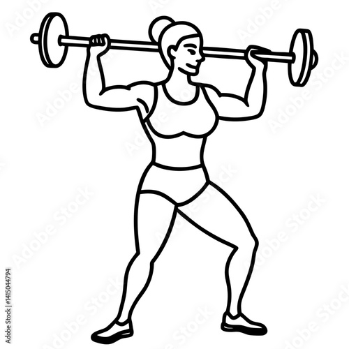 Line art vector silhouette of a woman person performing an overhead press with a barbell