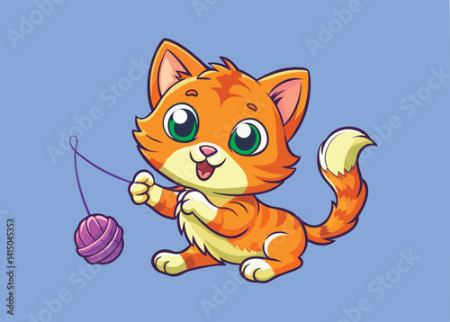 Cute orange kitten plays with yarn ball.