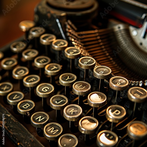 Detailed close-up of the keyboard of a dusty, vintage manual typewriter, focusing on the round metal-rimmed keys with letters. Retro communication concept.
