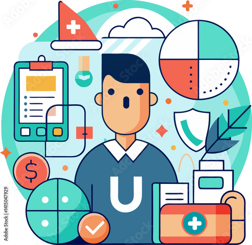 Flat Vector Illustration of Businessman with Global Healthcare Network and Digital Medical Services