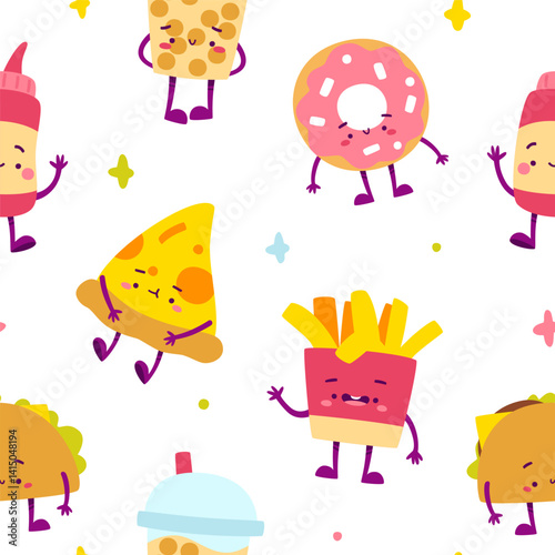 Fast food cute pattern for kids. Seamless vector print with cartoon fast food characters.