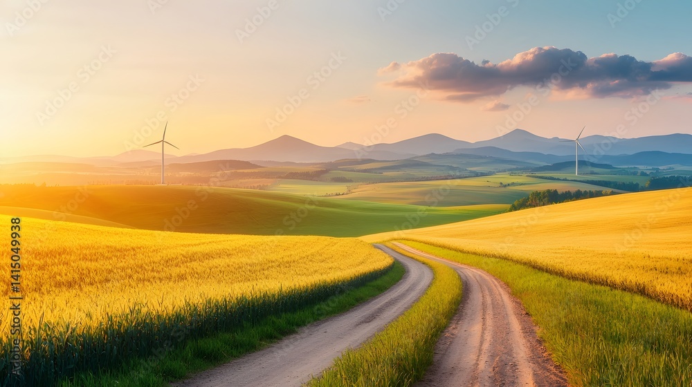 Obraz premium Scenic countryside landscape with a winding road and windmills