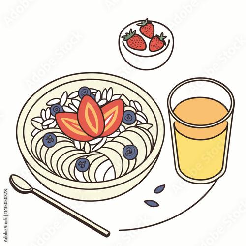Illustration of a bowl of yogurt with fruits and a glass of juice on white background, sketch style, copy space
