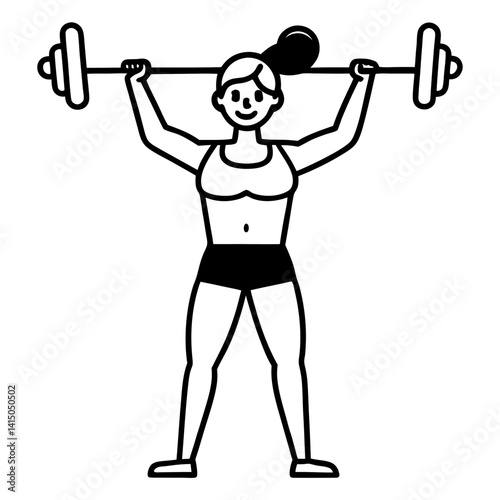 Line art vector silhouette of a woman person performing an overhead press with a barbell