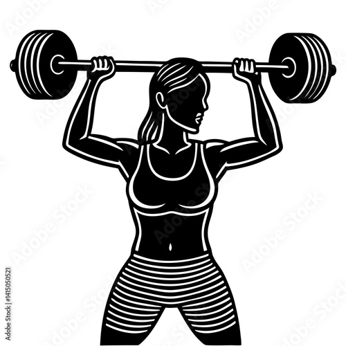 Line art vector silhouette of a woman person performing an overhead press with a barbell