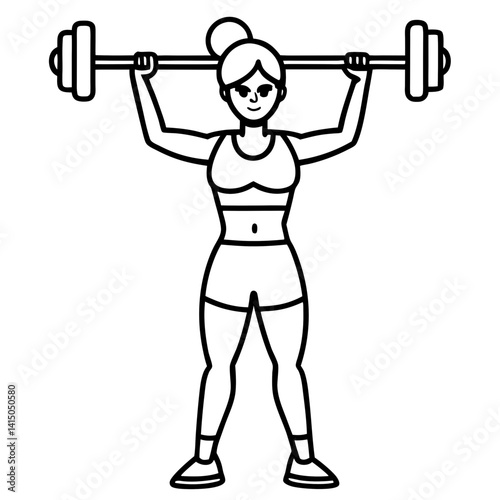 Line art vector silhouette of a woman person performing an overhead press with a barbell