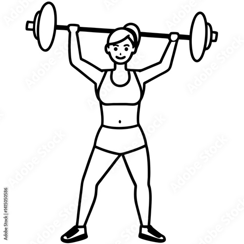 Line art vector silhouette of a woman person performing an overhead press with a barbell