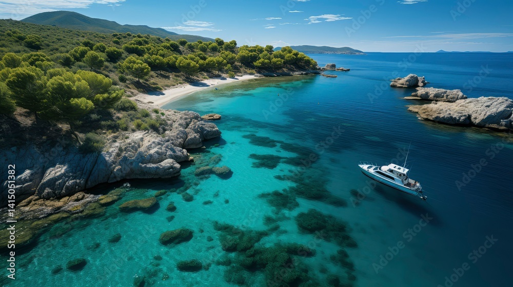 Obraz premium Secluded Mediterranean Cove with Luxury Yacht - Aerial View