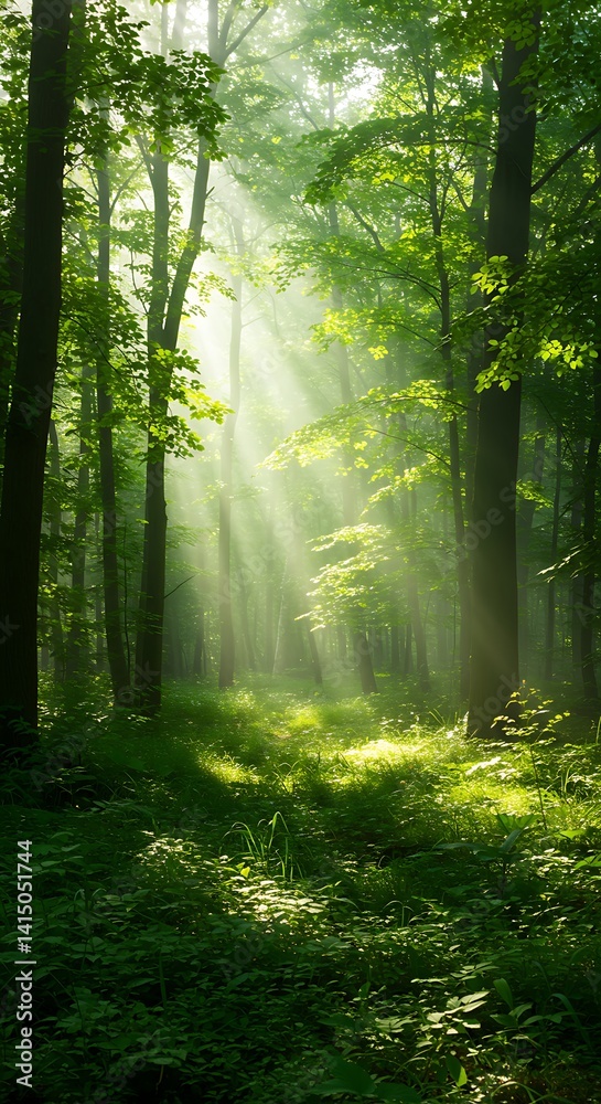 Obraz premium Forest with Sunlight Filtering Through Trees – Nature Conservation Theme